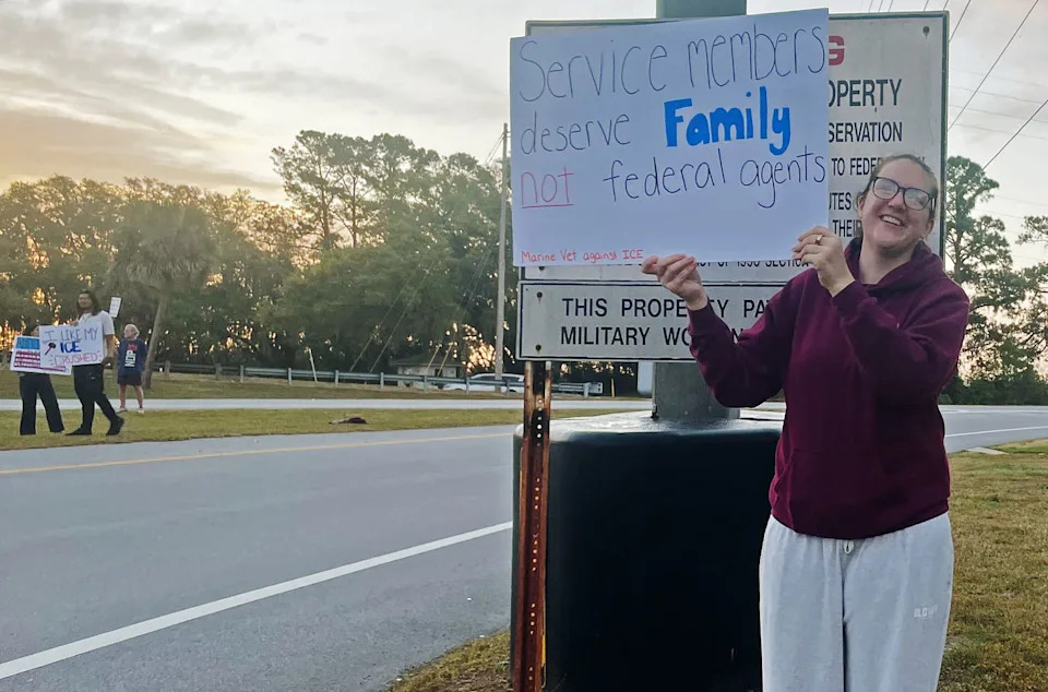 Dayle Soto, 30, a Marine veteran who trained at Marine Corps Recruit Depot Parris Island, joined protesters just outside the installation’s gate (Suzanne Gamboa / NBC News)