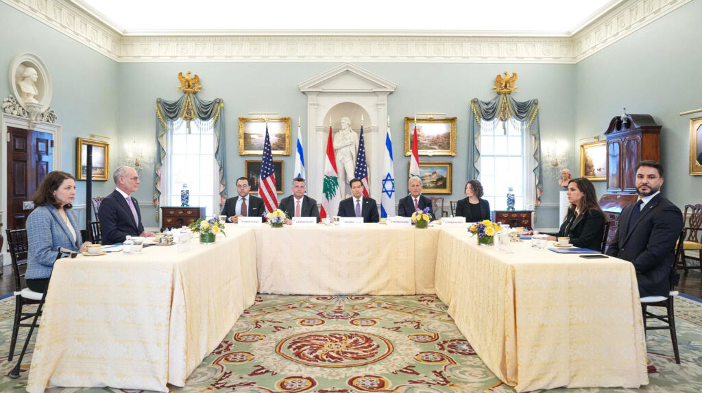 Secretary Marco Rubio joins working-level peace talks with Israeli Ambassador to the United States Yechiel Leiter and Lebanese Ambassador to the United States Nada Hamadeh Moawad at the Department of State in Washington, D.C., April 14, 2026. (Official State Department photo by Freddie Everett)