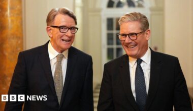 Lord Mandelson smiles alongside Prime Minister Sir Keir Starmer in February 2025.