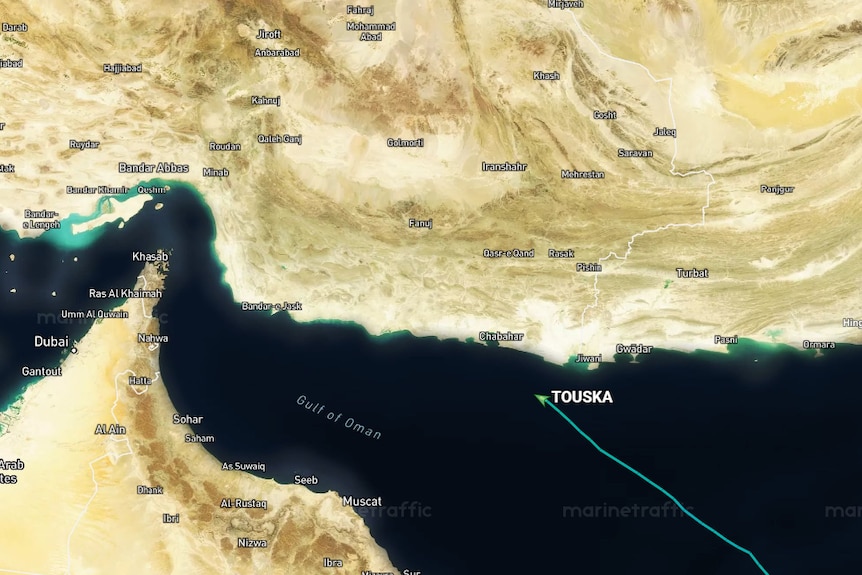 a map of the gulf of oman with a ship's journey outlined on it