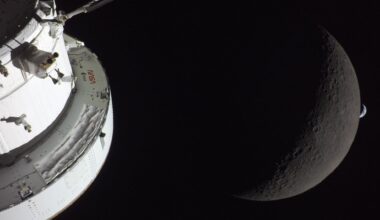 photo taken from a spacecraft beyond the moon, showing part of the white spacecraft, the moon and a tiny, distant earth behind it