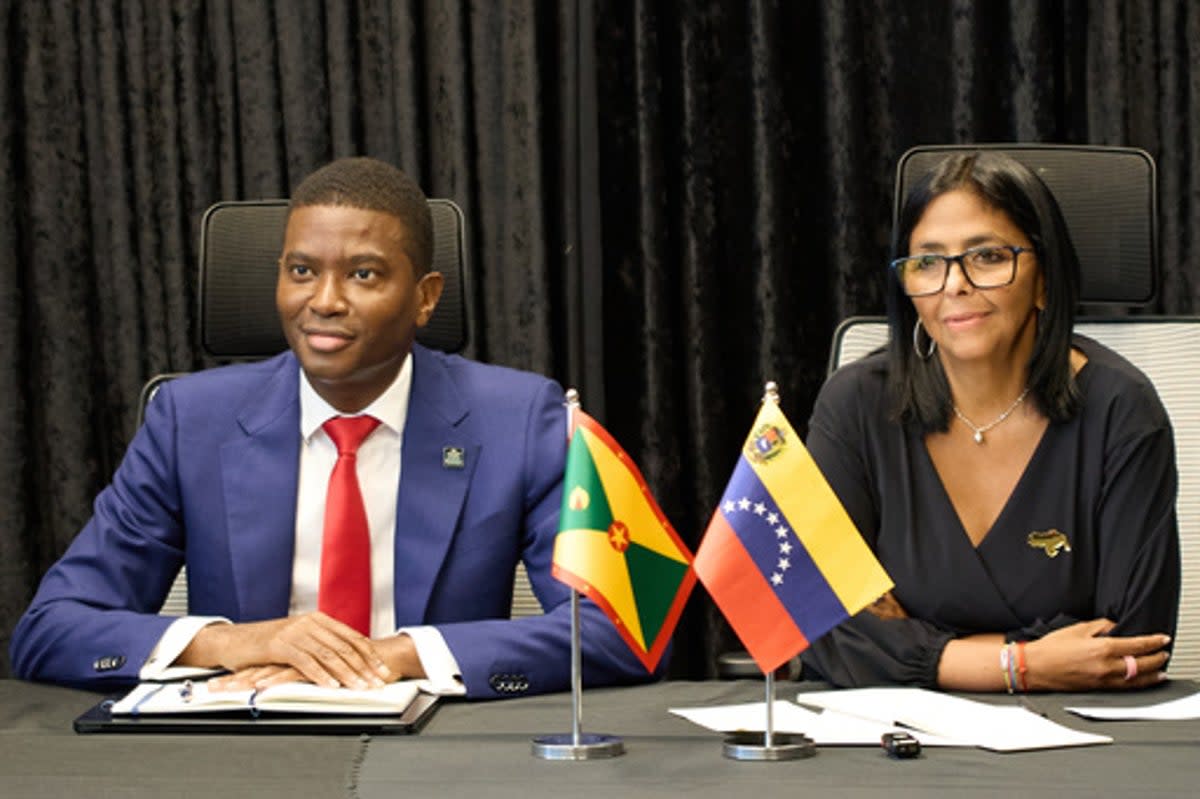 Grenada's Prime Minister Dickon Mitchell and Venezuela's acting President Delcy Rodriguez meet with the press at the Houses of Parliament in Saint George's, Grenada, Thursday, April 9, 2026 (AP)