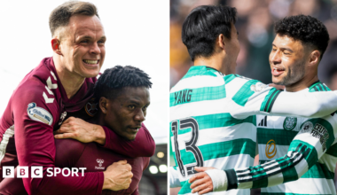 Hearts' Lawrence Shankland and Pierre Landry Kabore celebrate, as do Celtic's Yang Hyun-jun and Alex Oxlade-Chamberlain