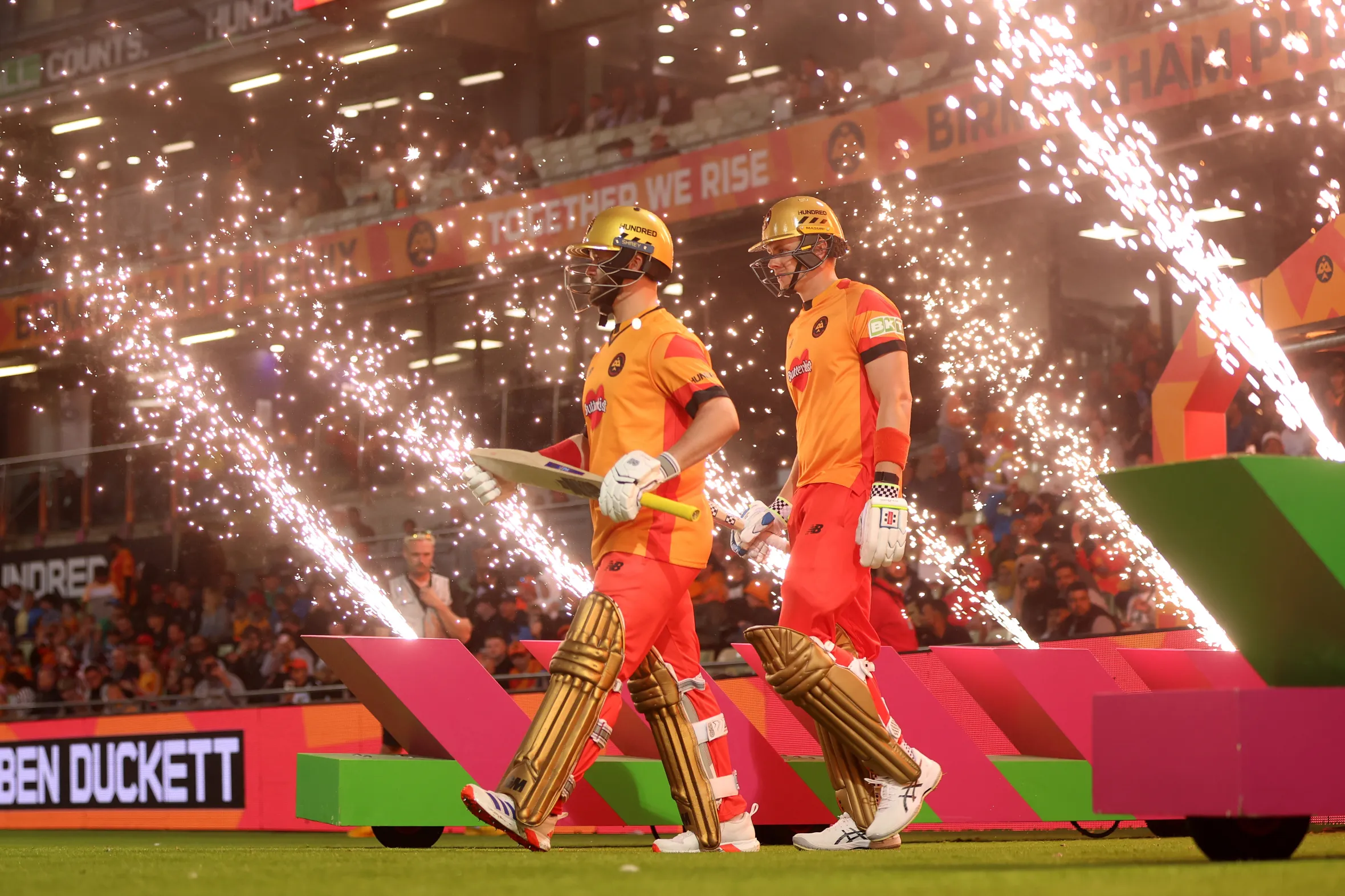 Ben Duckett and Jamie Smith walk out to bat at Edgbaston, surrounded by fireworks.