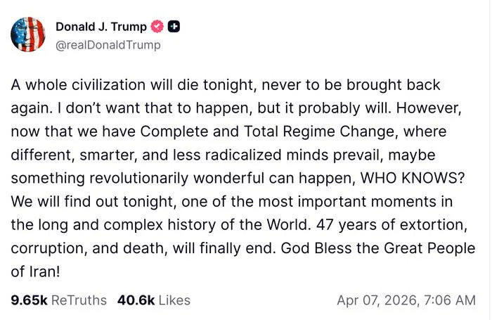 A post speculating on future events, mentioning regime change and historical significance, dated April 7, 2026, with engagement metrics shown