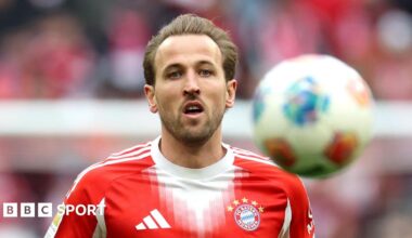 Harry Kane celebrates scoring in Bayern Munich's 3-2 win against Borussia Dortmund in February