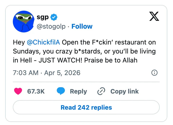 Tweet urging Chick-fil-A to open on Sundays, using strong language and religious reference