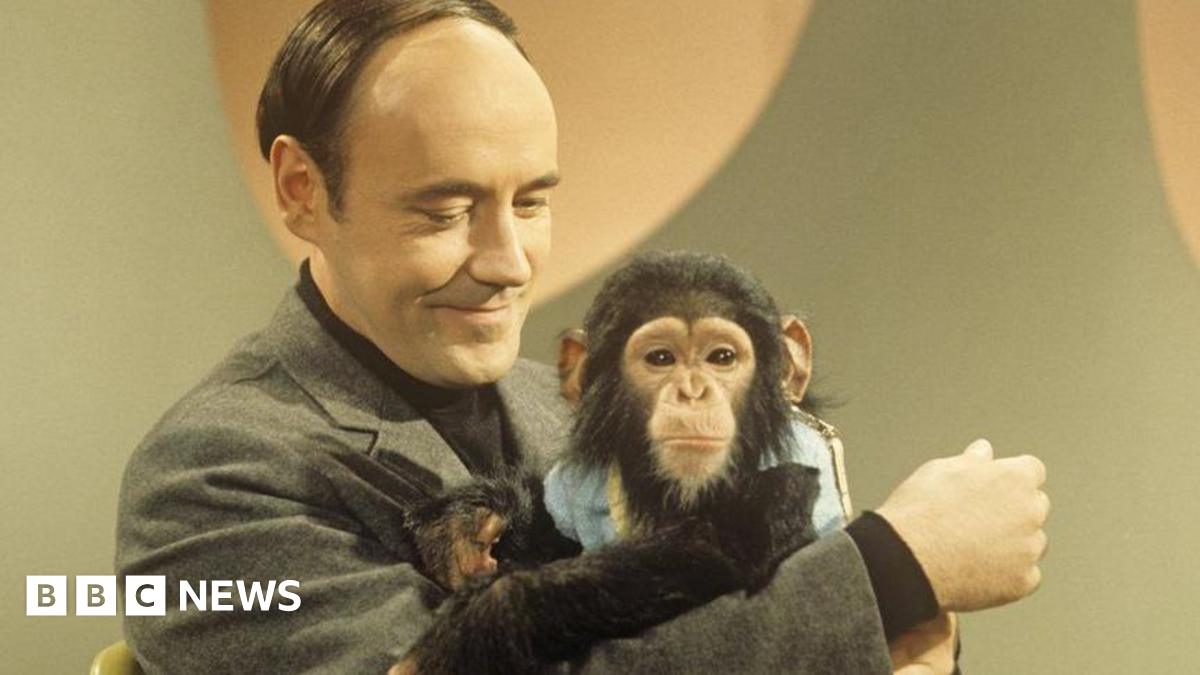 Desmond Morris and chimp. Morris is holding the chimp and looking at it.  The chimp - which looks like a very young animal - is dressed in human clothes