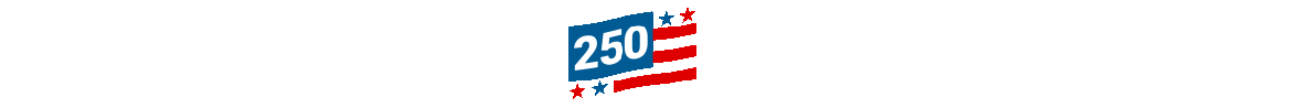 Illustration of "250" on a blue background with red and blue stars and red stripes, resembling a waving American flag.