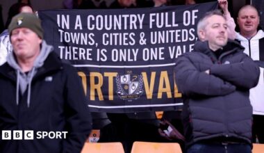 Port Vale fans with a banner that reads: "In a country full of towns, cities & uniteds, there is only one Vale - Port Vale"
