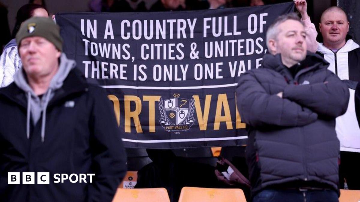 Port Vale fans with a banner that reads: "In a country full of towns, cities & uniteds, there is only one Vale - Port Vale"