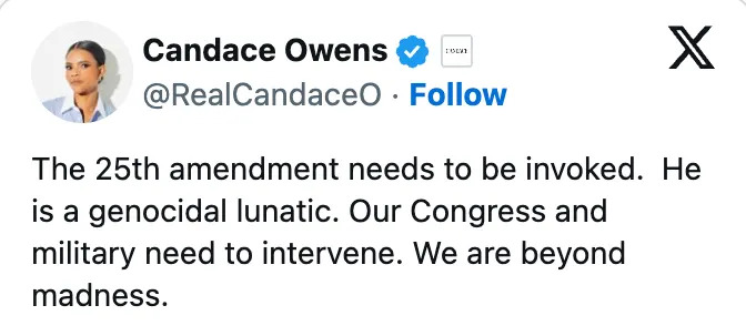 Screenshot of a tweet by Candace Owens calling for the 25th Amendment to be invoked, stating a leader is a "genocidal lunatic" and urging Congress and military intervention