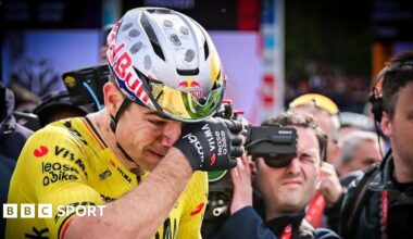 Wout van Aert celebrates winning Paris-Roubaix