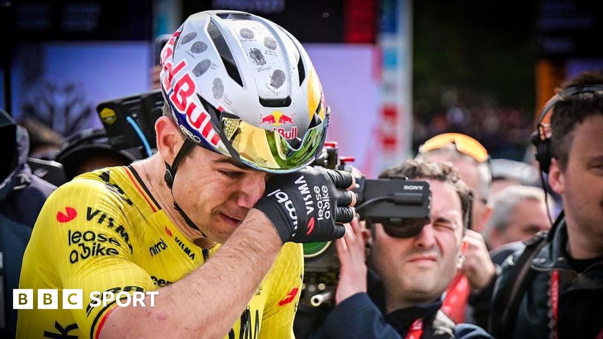 Wout van Aert celebrates winning Paris-Roubaix