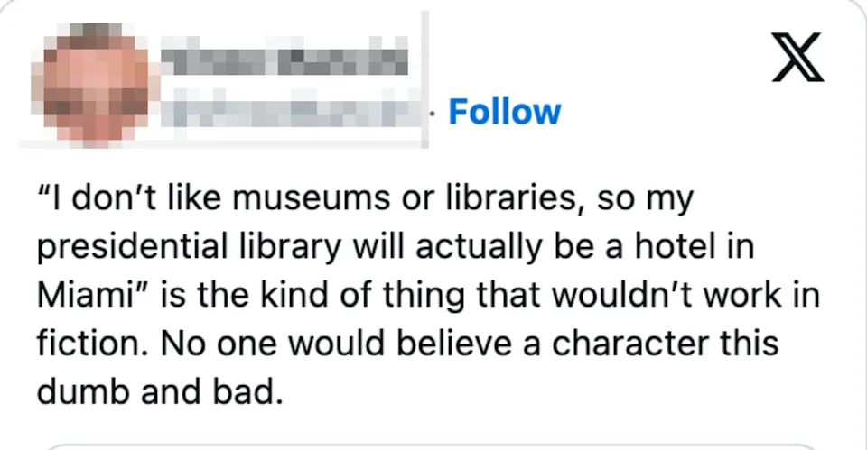 Tweet jokes about the unlikelihood of a hotel in Miami being a presidential library, humorously noting its implausibility in fiction