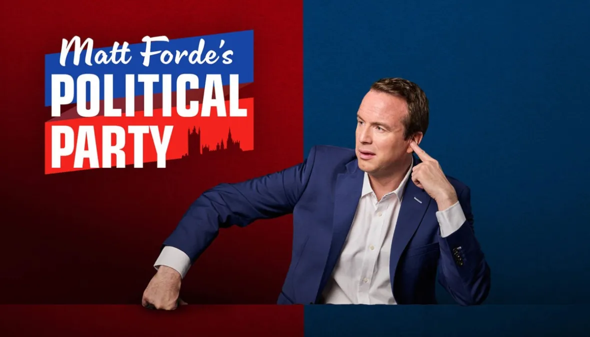 Promotional poster for Matt Forde's Political Party event at the Duchess Theatre, showing Matt Forde in a blue suit against a red and blue background with the Houses of Parliament silhouette.