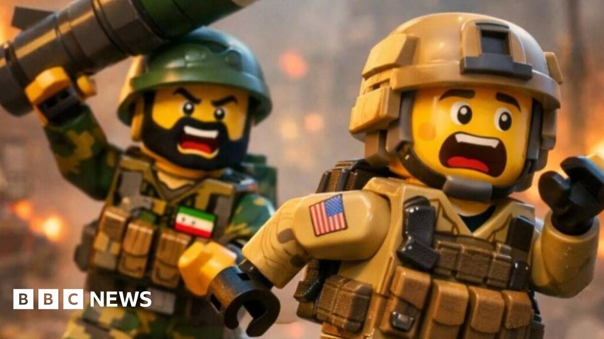 A screenshot from an AI-generated pro-Iran propaganda video showing an Iranian soldier chasing a US soldier