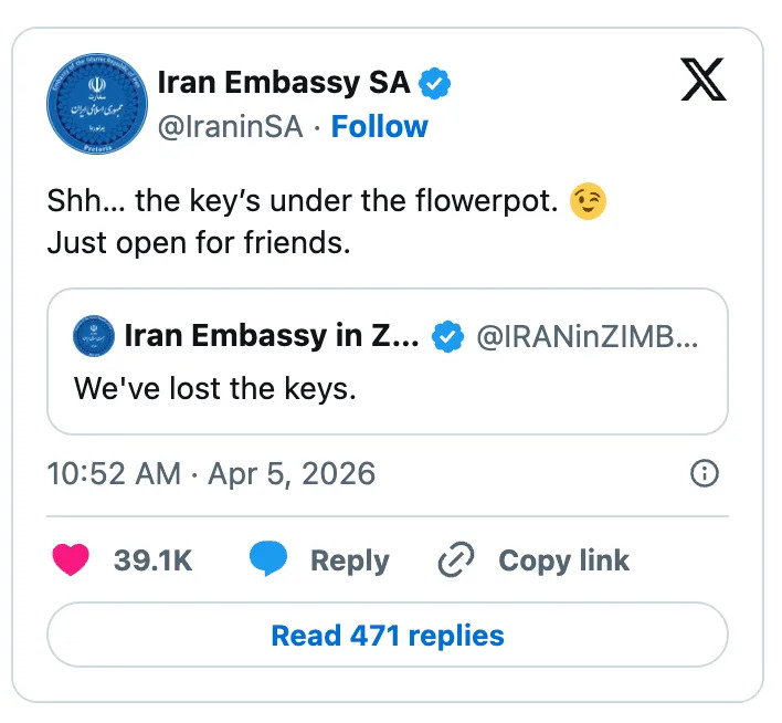 Social media post from Iran Embassy SA: "Shh... the key’s under the flowerpot. ? Just open for friends." Reply from Iran Embassy ZIM: "We’ve lost the keys."