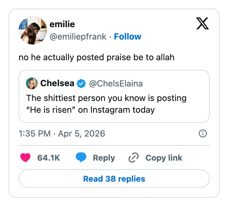 Tweet reply: Someone expressing surprise about a social media post praising Allah, calling another user hypocritical for posting "He is risen."