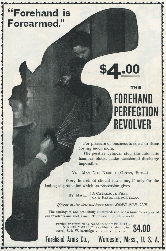 Old advertisement for "The Forehand Perfection Revolver" by Forehand Arms Co., Worcester, Mass., promoting safety features at a price of $4.00