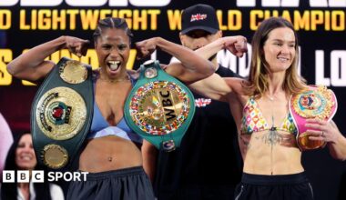 Caroline Dubois and Terri Harper pose for cameras at Saturday's weigh-in