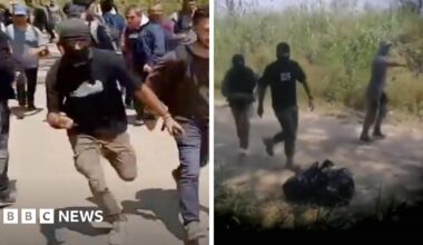 A dual image of a female Hezbollah supporter and an image of the site of an Israeli airstrike