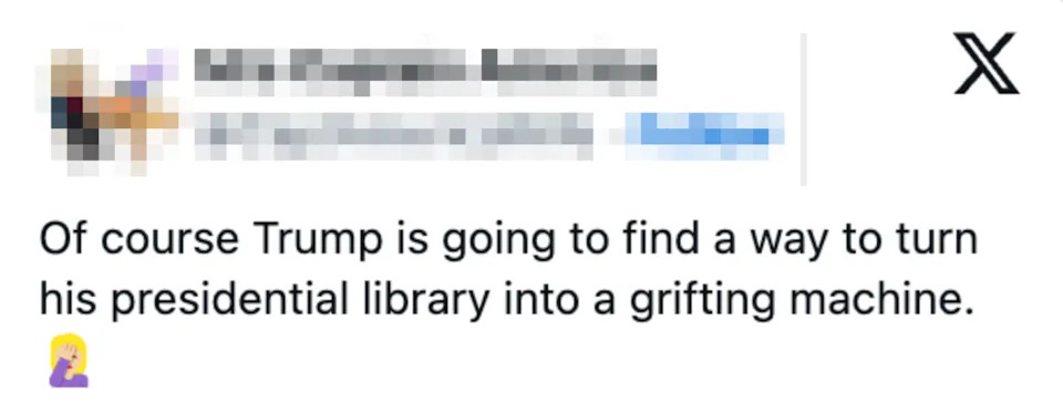 Tweet by @CaptAmericaWife: "Of course Trump is going to find a way to turn his presidential library into a grifting machine."
