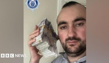 Sidorjan Lleshi holds up a big bundle of cash (left) and he holds up several designer watches (right)