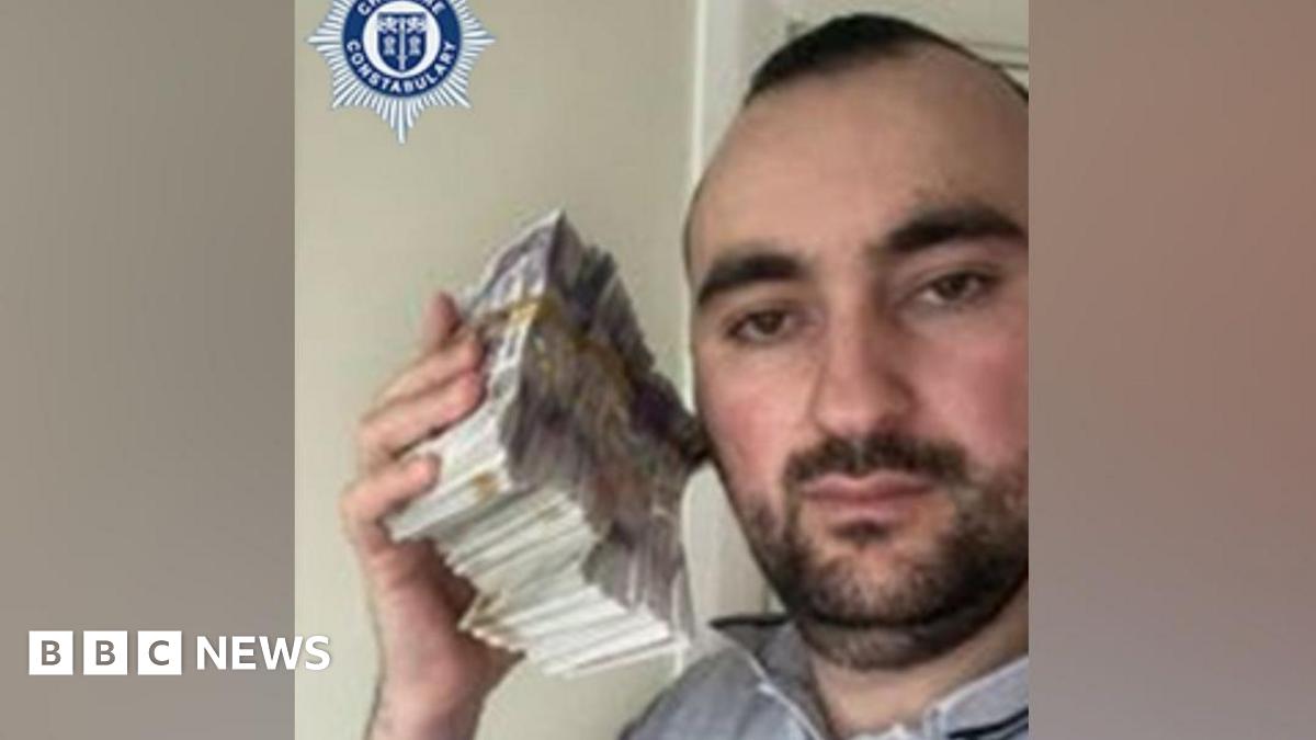 Sidorjan Lleshi holds up a big bundle of cash (left) and he holds up several designer watches (right)