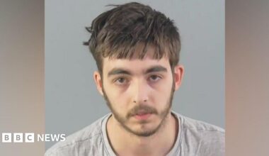 Carlo Tritta, who is wearing a grey jumper, is staring directly at the camera in this custody mugshot. He has straight, light brown hair and a thin beard.