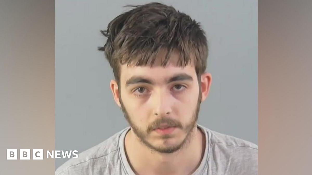 Carlo Tritta, who is wearing a grey jumper, is staring directly at the camera in this custody mugshot. He has straight, light brown hair and a thin beard.