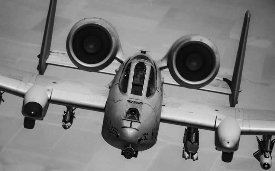 The A-10 headed straight for the camera, with nose and engines in view.