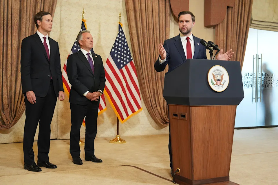 Vice President JD Vance speaks as Jared Kushner, left, and Steve Witkoff, special envoy for peace missions, listen during a news conference.