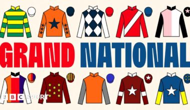A Grand National graphic with the silks of I Am Maximus, Panic Attack, Banbridge, Grangeclare West, Gerri Colombe, Haiti Couleurs, Monty’s Star, Captain Cody, Stellar Story and Jordans on.