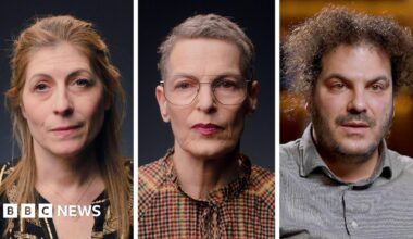 A composite image of three people. A woman with long brown-reddish hair wearing a black top with gold threads. A woman with short grey hair, thin-rimmed glasses and a check-pattern top. A man with curly brown hair and a beard, wearing a grey-blue shirt.