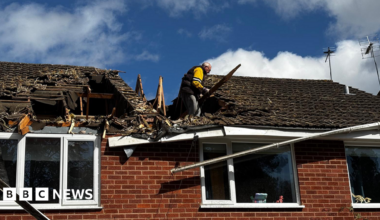 Two houses have a large hole in the roof, in the foreground is the remnants of a fallen tree