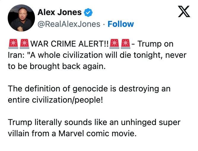 Tweet by Alex Jones warning of potential genocide, comparing Trump to a supervillain