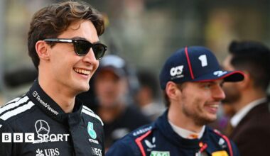 George Russell and Max Verstappen smiling prior to the F1 Grand Prix of Abu Dhabi in December 2025