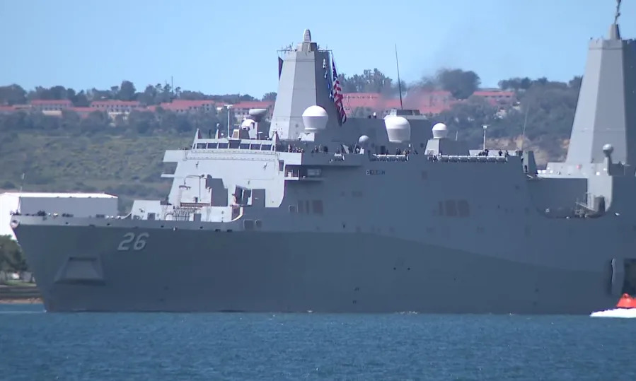 The USS John P. Murtha returns to San Diego carrying Orion spacecraft. (KSWB)