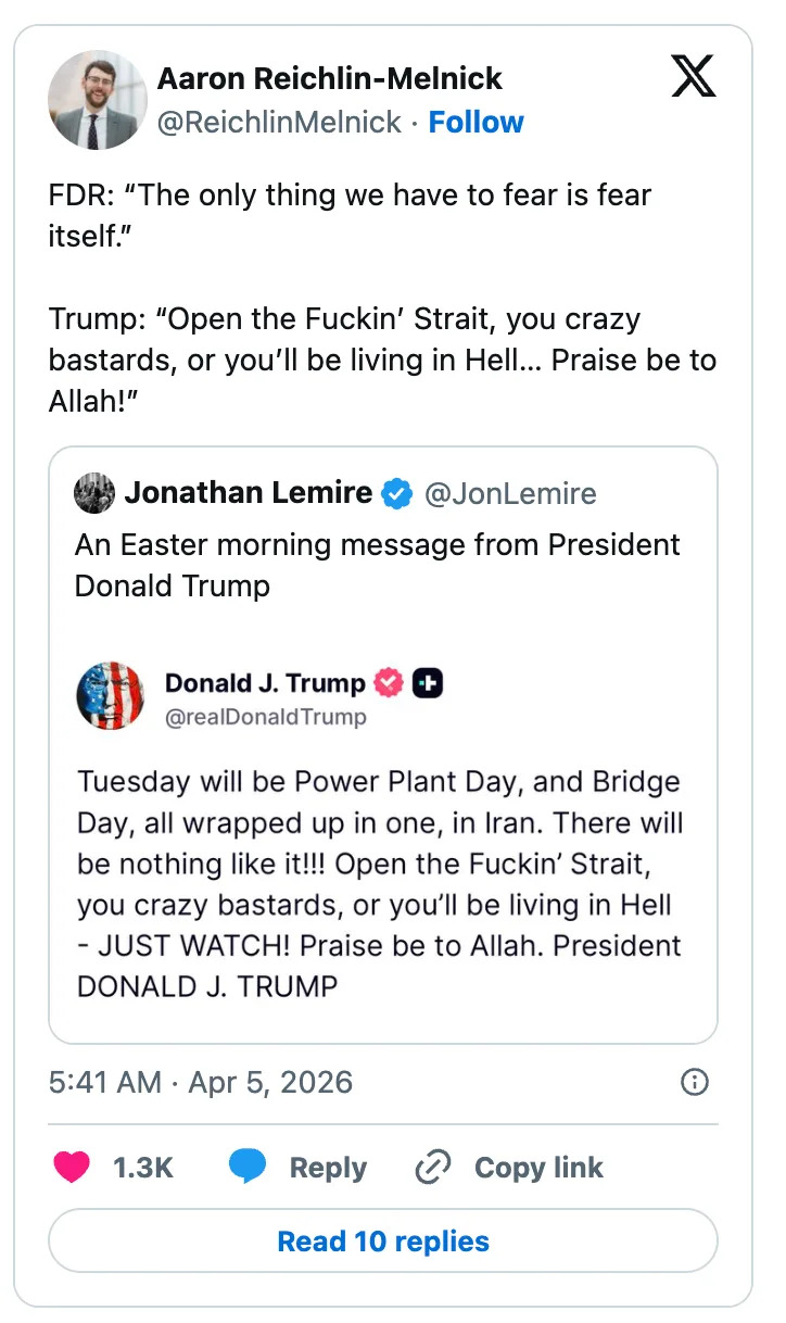 Screenshot of a tweet by Aaron Reichlin-Melnick featuring a controversial message from Donald Trump about Power Plant Day