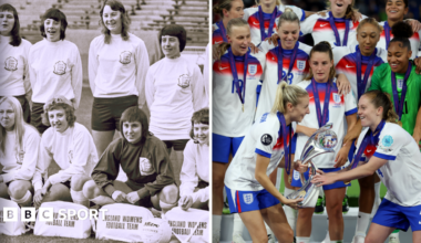 A split picture of the Lionesses posing for their first official photo in 1972, and the Lionesses lifting the Euro 2025 trophy - 53 years between the two events