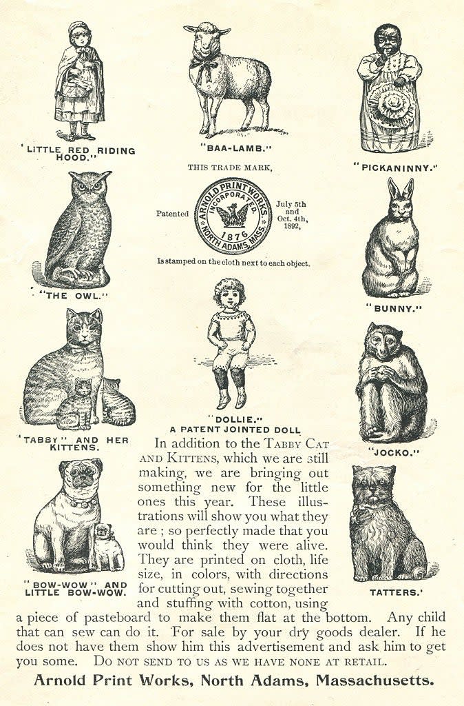 Catalog page featuring various stuffed animal toys and a jointed doll, including "Little Red Riding Hood," "Baa-Lamb," "Pickaninny," "The Owl," "Bunny," "Tabby and Her Kittens," "Jocko," and "Tatters."