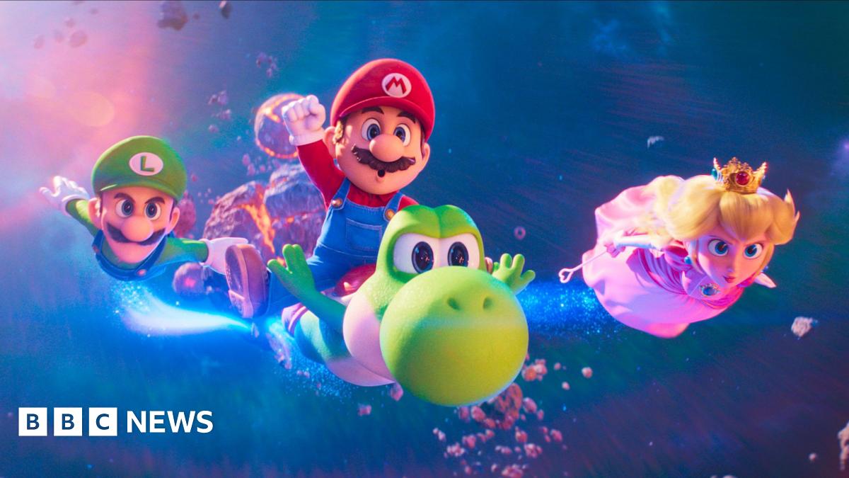 Cartoon characters Mario, Luigi, Princess Peach and Yoshi are flying through the sky towards the camera. Luigi is wearing a green cap with a white L and green long sleeved top and overalls, he has a mustache and blue eyes. Mario is wearing the same but in red, with an M on his cap. He is riding Yoshi; a cartoon green dinosaur with a red shell and large round nose. Peach is blond and is wearing a gold crown with a pink gown on.