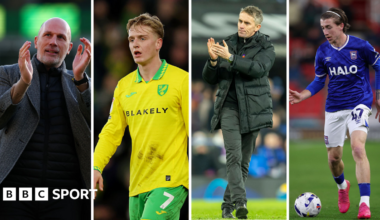 Side-by-side images of Norwich boss Philippe Clement, midfielder Pelle Mattsson, Ipswich boss Kieran McKenna and top-scorer Jack Clarke