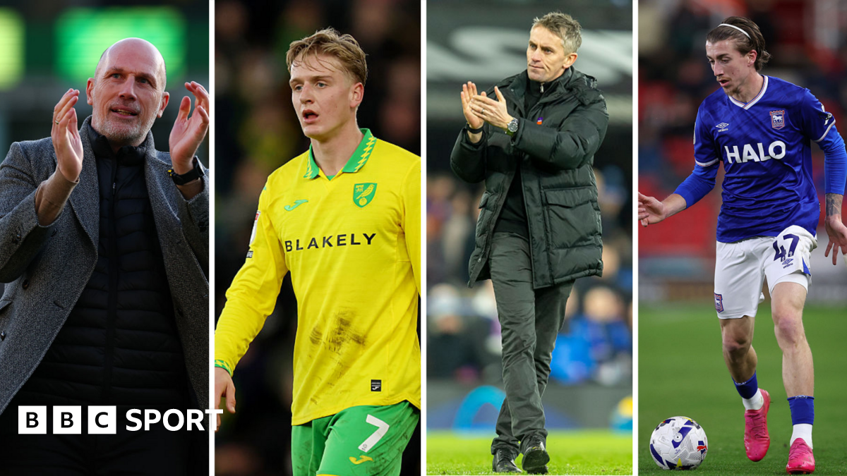 Side-by-side images of Norwich boss Philippe Clement, midfielder Pelle Mattsson, Ipswich boss Kieran McKenna and top-scorer Jack Clarke