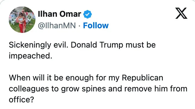 Screenshot of a social media post by Ilhan Omar calling for Donald Trump's impeachment and questioning Republican colleagues' actions