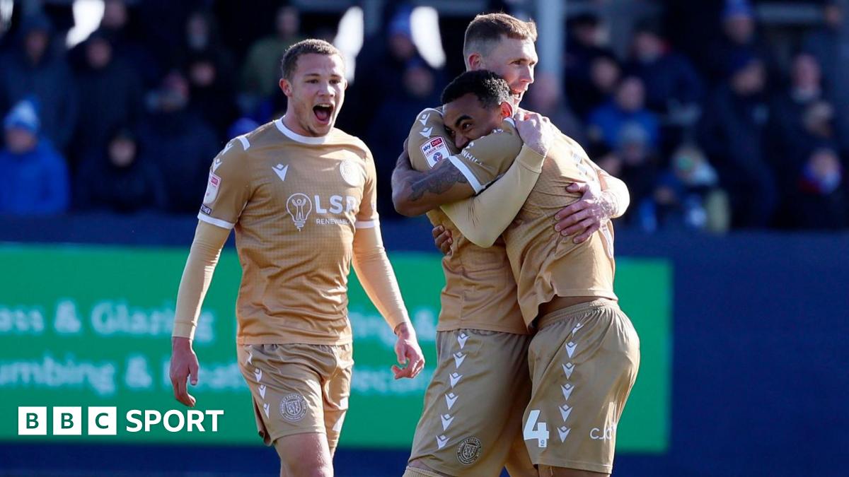 Ashley Charles is congratulated by Mitch Pinnock after scoring for Bromley