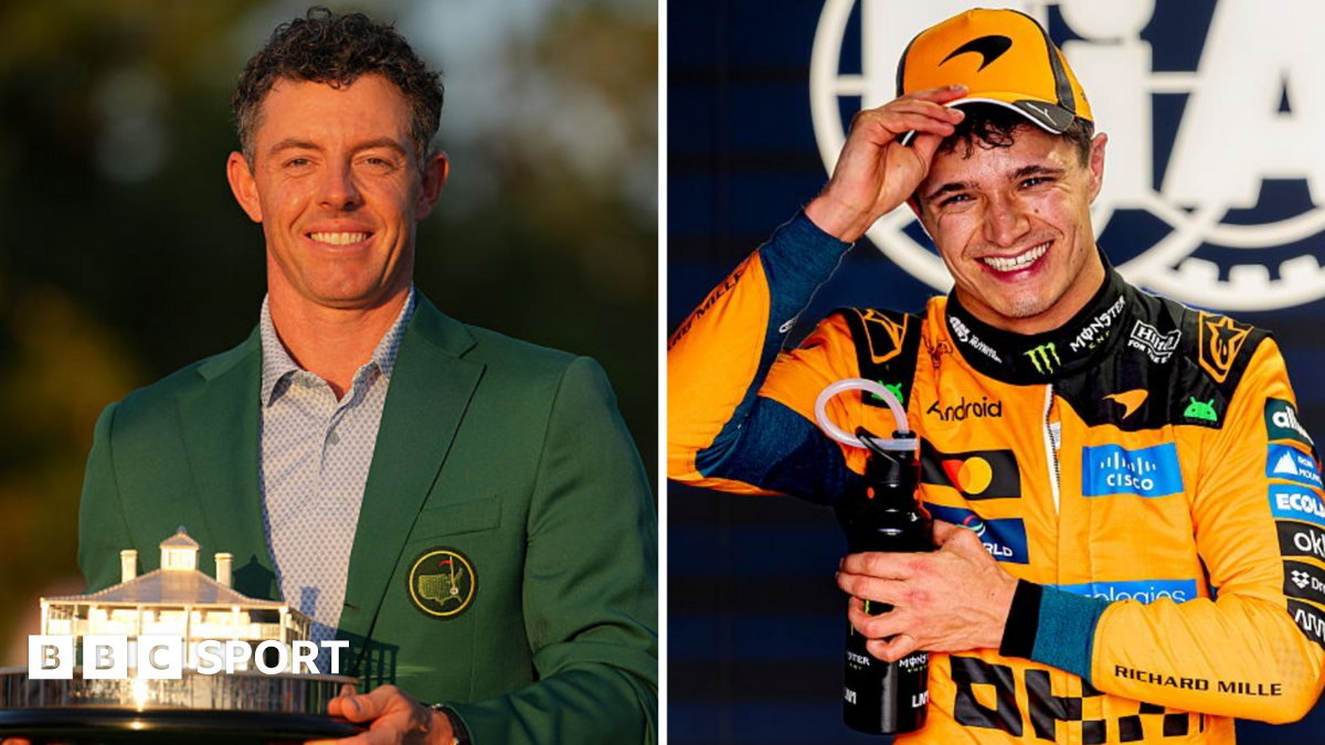 Rory McIlroy wearing a green jacket and holding a trophy and Lando Norris wearing an orange jumpsuit and holding his hat