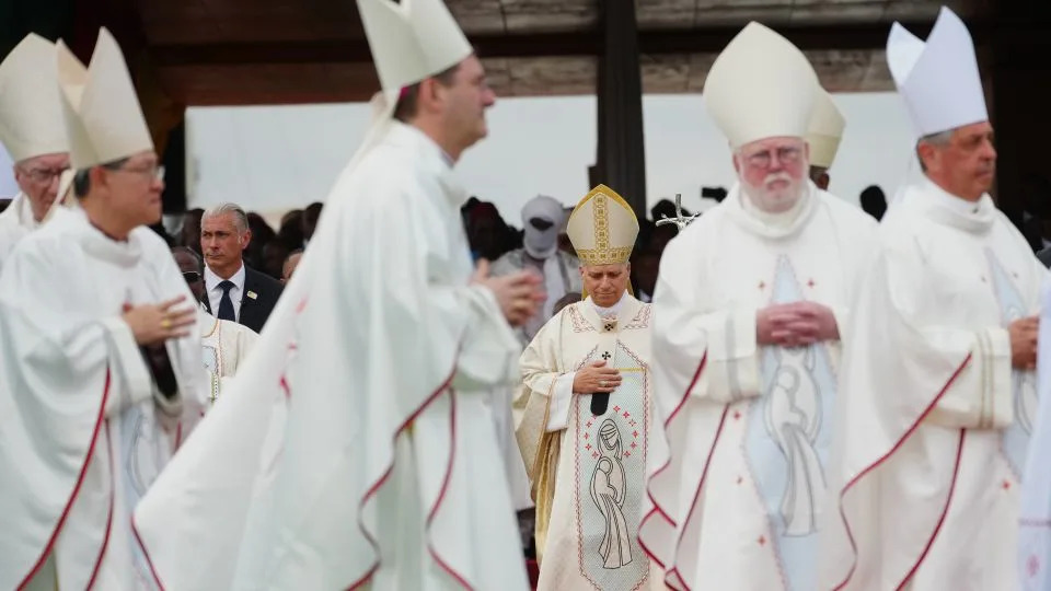 Pope Leo XIV arrives in procession with cardinals and bishops to celebrate Mass at Yaounde Ville Airport, Cameroon, on Saturday, April 18, on the sixth day of his 11-day pastoral visit to Africa. - Andrew Medichini/AP