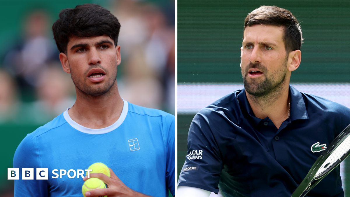 Carlos Alcaraz and Novak Djokovic in a split picture. Alcaraz is holding two balls in his hand while Djokovic is preparing to play a back hand
